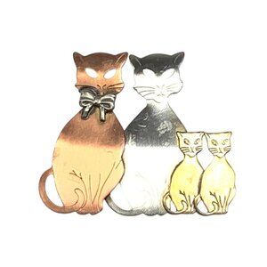Vintage Cats & Kittens Family Brooch Gold Silver Copper Tone Metal Estate 3"x 1"